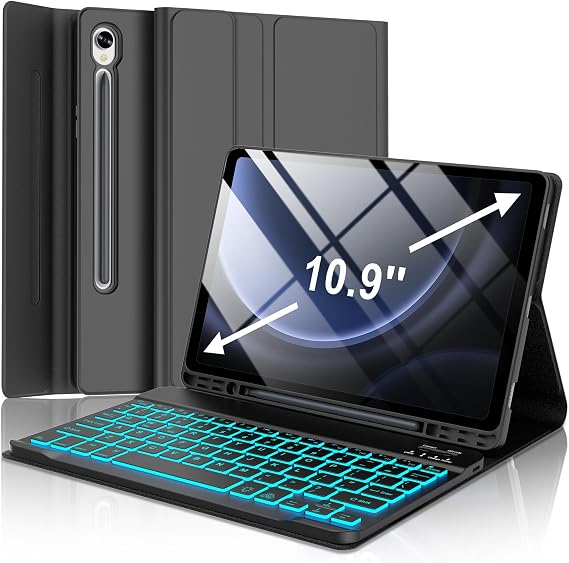 Samsung Galaxy Tab S9 FE Case with Keyboard, 7 Color Backlit,Black