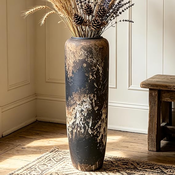 Large Rustic Ceramic Floor Vase, 23.6 inch Vintage Boho Vase for Home Decor, Textured Terracotta Pottery for Living Room, Table, 60cm Shelf or Entryway Decoration ﻿