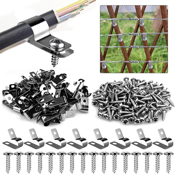 100 Pcs Fence Wire Clamps Stainless Steel Fencing Mounting Clips with 100 Pcs Stainless Steel Screws for 2-6 Gauge Welded Wire to Wood, Metal or Vinyl Fence (100pcs(2-6 Gauge))