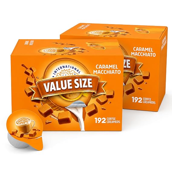 Delight Caramel Macchiato, 2 Boxes, Coffee Creamer Singles, 192 CT each, Shelf Stable, Great for Office and Restraurants