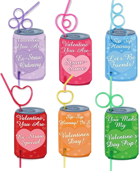 30 Pack Crazy Straws Valentines Day Cards, Valentines Day Gifts for Kids Classroom School Valentines Party Favors for Kids Boys Girls Gift Exchange Goodie Bag Stuffers Toddler Valentine Straws Bulk