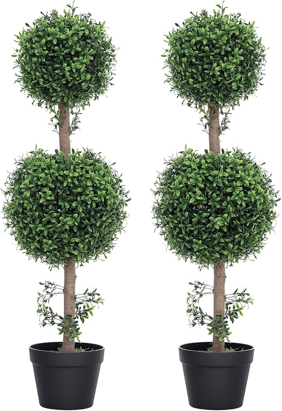 HOMCOM Artificial Double Ball Boxwood Topiary Trees Outdoor 36" Set of 2 | In Pot, Fake Plants, Home Indoor Outdoor, Front Porch Decor, Green