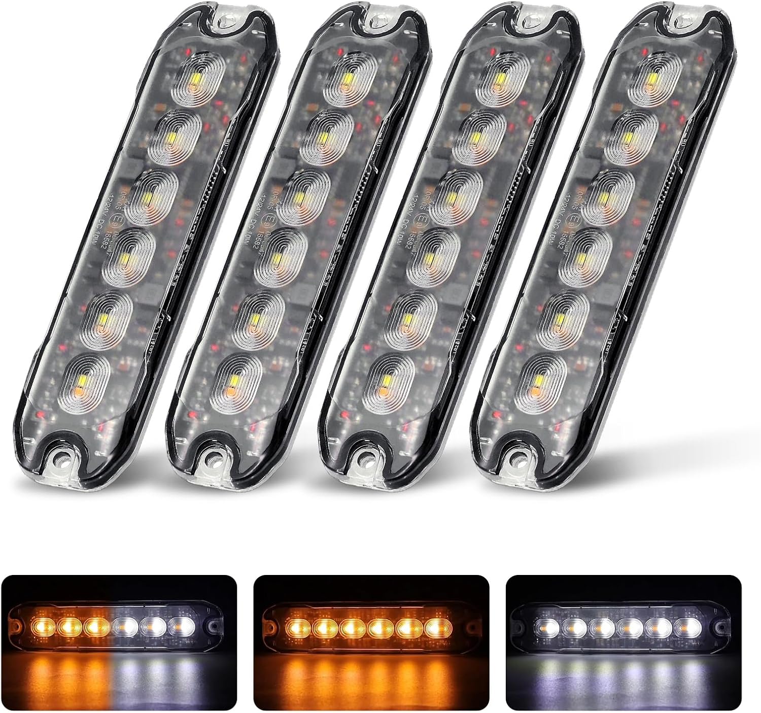 Agrieyes Slim Grill Mount Strobe Lights Clear Lens, 4 pcs LED Flashing Emergency Light Waterproof, 14 Modes Warning Hazard Caution Lights for Trucks Vehicles Cars Construction AmberWhite