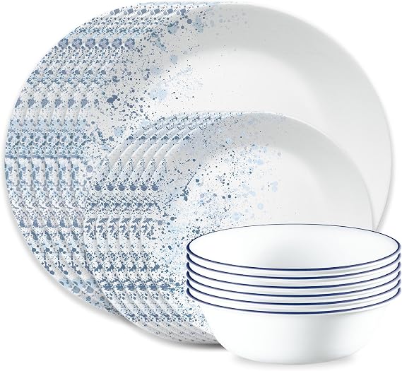 Corelle Vitrelle 18-Piece Service 6-Piece Dinnerware Set, 3-Ply Glass and Chip Resistant, Lightweight Round Plate and Bowl Set, Indigo Speckle