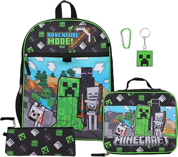 Bioworld Minecraft 5 Piece Set: 16 inch Backpack, Lunchbox, Utility Case, Rubber Keychain, and Carabiner, Multicolored, 1 Size, Modern