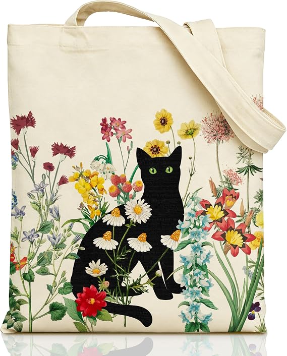 bmuvghi Black Cat Canvas Tote Bag, Birthday Cat Gift Bag with Zipper Pocket | 15x14 in durable canvas tote with vintage floral print, reusable shopping bag, cat lover & cat mom gifts for women