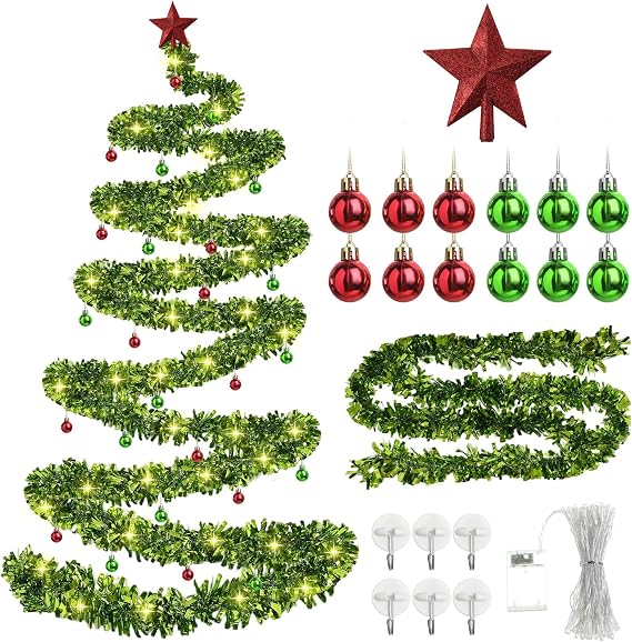 Daifunli Christmas Tree Wall Light Decoration DIY Wall Hanging 33 ft Garland Xmas Glitter Ball Ornaments Christmas Star Tree Topper for Xmas Outdoor Indoor Home Decor(Green)