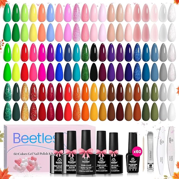 Beetles Fall Gel Nail Polish Set, Style Manifesto 69 PCS 60 Colors Neon | Rainbow Bright Jelly Shades, Pink Nude Red Blue Green With Base, Glossy&Matte Top Coats for Uv Led Gel Manicures