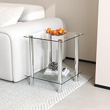 Glass Side Table, 2-Tier Square End Table with Stainless Steel Legs, Modern Minimalist Nightstand for Living Room Bedroom, Silver, 39x39x46cm