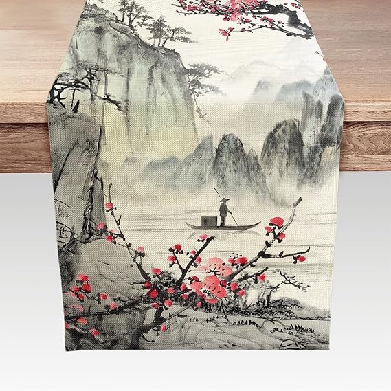 Japanese Table Runner, Cherry Blossom Asian Anime Nature Landscape Aesthetic Kitchen Dining Table Runners for Indoor Outdoor Home Party Holiday Decor 13X72Inch