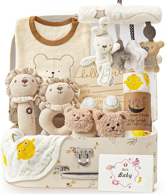 Newborn Baby Gift Set with Box | 10-Piece Baby Hamper for Boys Girls | Baby Essentials: Blanket Onesie Socks Rattle Bibs Muslin Cloths Milestone Card | Baby Shower Gifts Unisex