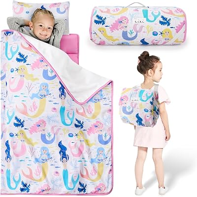 Toddler Nap Mat with Pillow and Blanket, Soft Sleeping Bag for Kids Boys and Girls, Slumber Bags Kids for Preschool, Daycare, Travel, Camping, 54 x 33 Great for Ages 3 Plus
