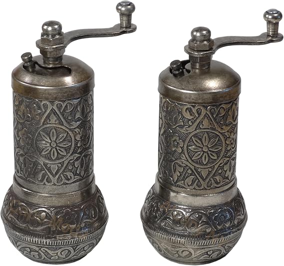 Cape Moda Turkish Dark Metal Color and Steel Mini Refillable Pepper & Other Spice Grinder Two Pack, Hand Mill with Manual Handle Crank (2 Pack of 4.2 inch) (Dark Silver Metal)