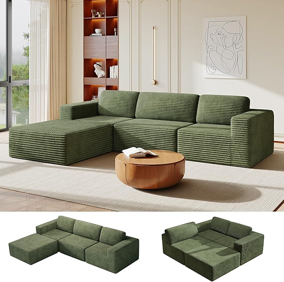 Vesgantti 303cm Oversized L-Shaped Modular Sectional Sofa, Corduroy, Green