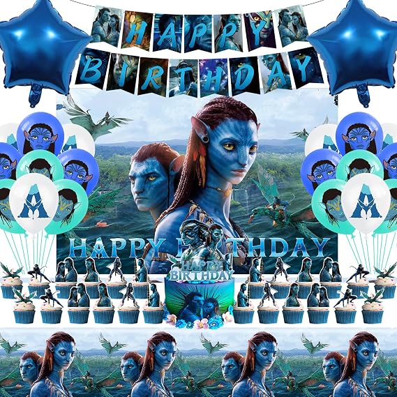 54Pcs Avatar Movie Way of Water Birthday Party Decorations,Blue Themed Party Supplies Favors Set Includes Birthday Banner,Cake&Cupcake Toppers,Foil Balloon,Backdrop,Tablecloth and Balloon