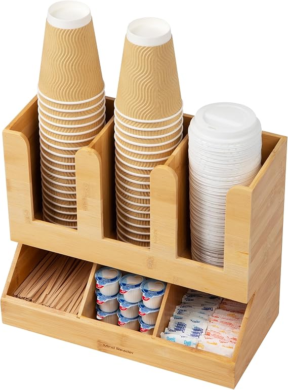 Mind Reader Cup and Condiment Station, Countertop Organizer, Coffee Bar, Kitchen, Bamboo, 13.625"L x 6.75"W x 11.5"H, Brown