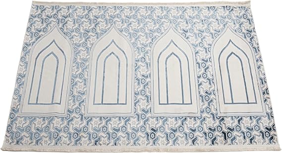 Wide 4 Person Group Family Islamic Prayer Rug - Luxury Velvet Janamaz Sejadah - Serenity Garden (Blue/White)
