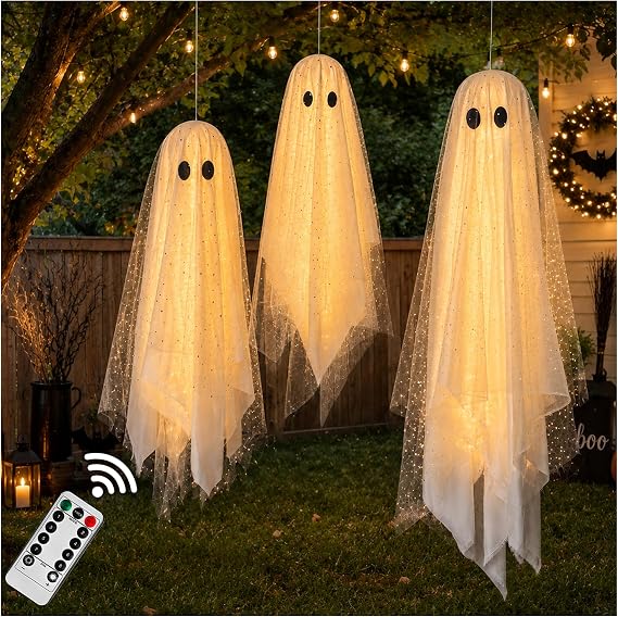 AYGXU Halloween Decorations outdoor/indoor-3pcs Hanging Ghost Decor with Light,Halloween Ornaments,Hallowee n Decor for Porch,Tree,Yard,Window,Garden