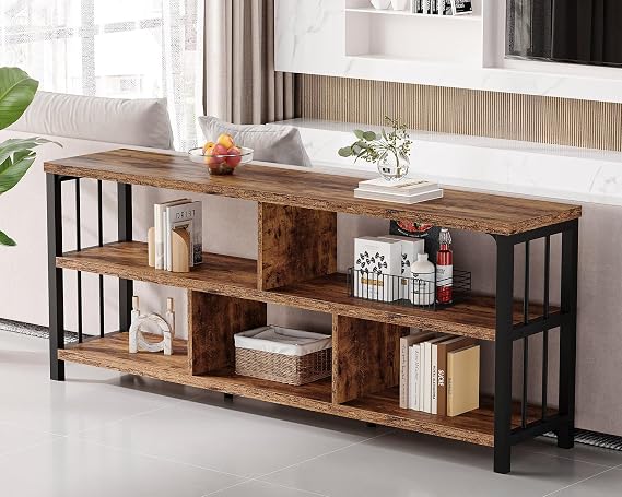 63 Long Open Bookshelf, Low Horizontal Wood Bookcase, Rustic Brown | Farmhouse 5 Cube Book Shelf, Industrial Wood Metal Bookcase, Wide Cubby Storage Organizer for Living Room Bedroom Home Office