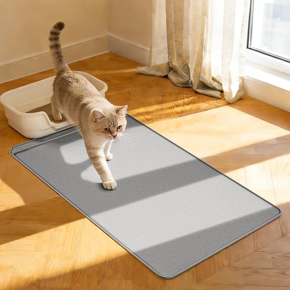 Extra Large Cat Litter Box Mat 34" x 22" Waterproof Silicone Litter Trapper, Non-Slip, Easy to Clean Floor Protector, Soft on Kitty Paws(Light Grey)
