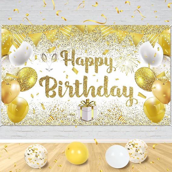 Gold and White Happy Birthday Party Decorations - Large Banner for Women Men Girls - 70.8x43.3 Inch