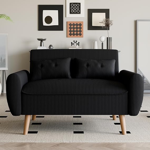 Vongrasig 48" Small Modern Loveseat Sofa, Mid Century Soft Corduroy Fabric 2-Seat Sofa Couch Tufted Love Seat with Back Cushions and Tapered Legs for Living Room, Bedroom and Small Space (Black)