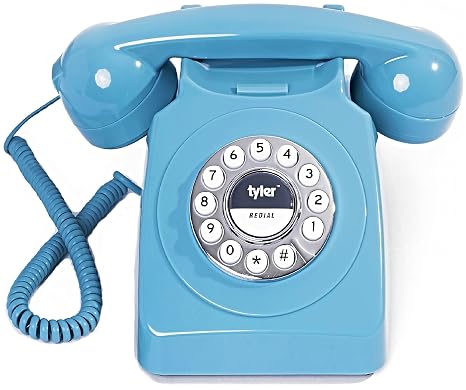 Tyler Retro Style Landline Phone, Push Button Rotary Look, Large Button Vintage Corded Phone, Power Outage Safe, Redial Button, Old Classic Retro Phone (Retro Blue)