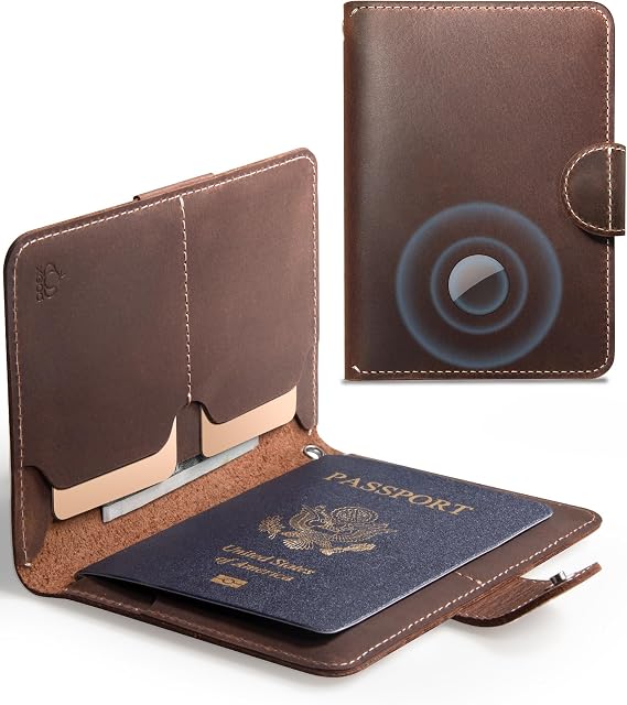 RFID Passport Holder for Travel with Hidden Airtag Slot Genuine Leather Passport Wallet, Travel Gift for Men & Women