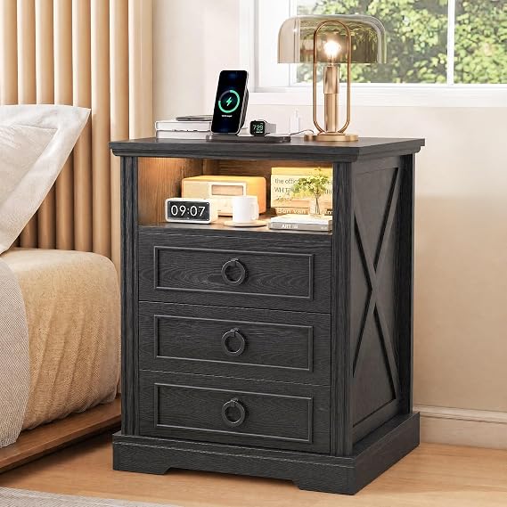 TAGELIER Farmhouse Night Stand with Charger Station and 3 Drawers