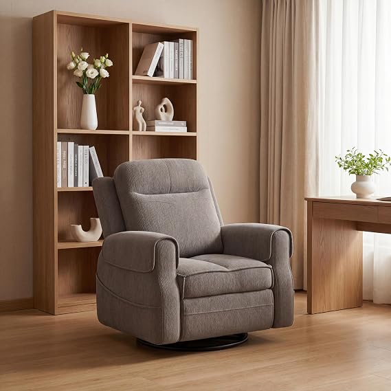 Maupvit Faux Shearling Recliner Chair - 360 Swivel Rocker with Adjustable Footrest and Backrest, Plush Upholstered Single Sofa for Small Spaces, for Living Room/Nursery/Home Theater (Grey)