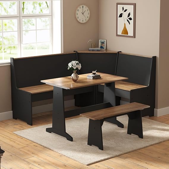 AMERLIFE 3-Piece Breakfast Nook Dining Set with Storage, Black Oak | L-Shaped Corner Bench, Hidden Storage, Compact Dining Set for Small Spaces, Kitchen Dining Room Furniture