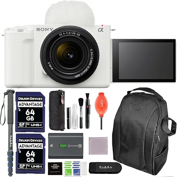 Sony ZV-E1 Mirrorless Vlog Camera (White) with 28-60mm Lens Bundle with Backpack, Monopod, 2 x 64GB SD Card, More
