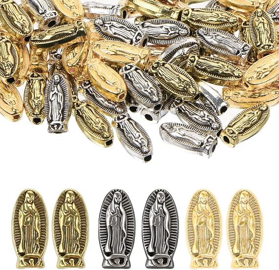 150 Pcs Virgin Mary Religious Spacer Beads Our Lady Miraculous Charms Pendants Antique Silver Rose Gold Oval Loose Beads for Jewelry Making Accessories DIY Rosary Necklace Bracelet Bangles