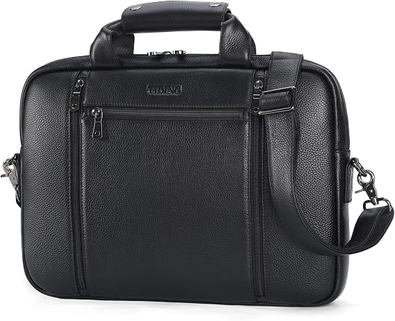 TIDING Full Grain Leather Briefcase for Men 15.6" Laptop Waterproof, Black | Genuine Leather Briefcases for Men,Adjustable Shoulder Straps,Business Satchel, Crossbody Briefcase,Office Work