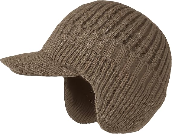 JHDESSLY Knit Beanies with Visor & Earflaps for Men and Women, Winter Hats Fleece Lined Hat Stocking Caps Soft Warm Headwear