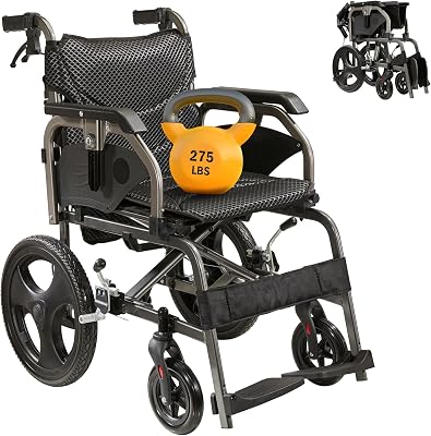 Transport Wheelchairs for Adults, Foldable Wheelchair with 18 Inch Seat, Aluminum Alloy Lightweight Wheel Chair with Adjustable Armrest, Dual Locking Brakes & Cushion, 275 Lbs Capacity, Gray