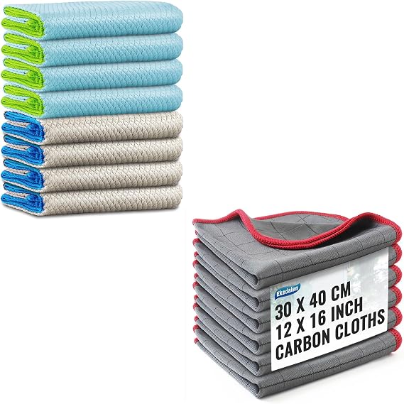 Easy Clean Dish Cloths Streak Free Pack of 8 and Carbon Cloth Lint Free Glass Cleaning Cloth Pack of 6