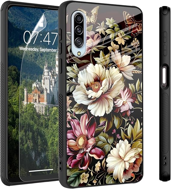 Case for Samsung Galaxy A90 5G Tempered Glass Back Cover with Screen Protector,Shockproof Protection Phone Case for Samsung Galaxy A90 5G,Butterfly Floral