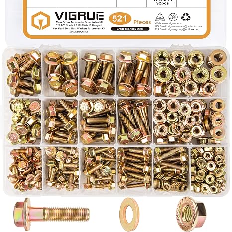 VIGRUE 521PCS M6 M8 M10 Flange Bolts Assortment Kit Metric Class 8.8 Serrated Hex Cap Flange Hex Bolts Flange Nuts Assorted Set, Coarse Full and Half Threads