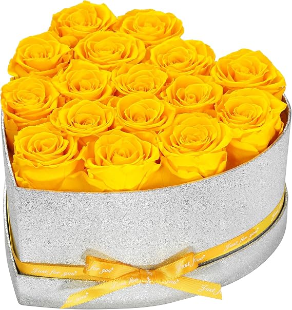 pinnetetti Flowers for Delivery, 16 Yellow Preserved Rose in Heart Shaped Box, Real Forever Roses Birthday for Her, Flower for Mothers Day
