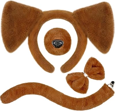 4Pcs Dog Ears Headband and Tail Nose Bow Tie Set, Brown Puppy Dog Ears Costume Accessories for Women Adult Halloween Carnival Party Supplies