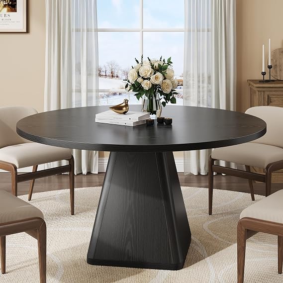 ONBRILL 47 Inch Round Dining Table for 4-6,Square Pedestal Base,Black
