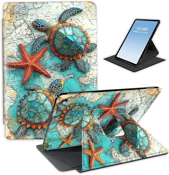 HGGJFLYX Case for Kindle Fire 7 12 Gen 2022 Tablet,360 Degree Rotating Multi-Angle Viewing Stand Fold Leather Tablet Cover 7" for Kindle Fire 7 Kids,Auto Sleep/Wake,Map Turtles Starfish