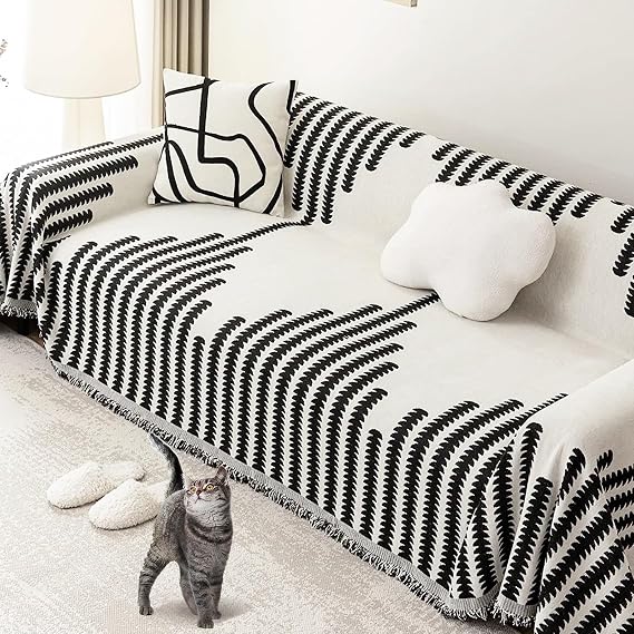 Sofa Covers Washable Sectional with Tassel Sofa Covers Loveseat Covers Chenille Sofa Slipcovers Line Pattern Couch Covers for 3 Cushion Couch Sofa (Black, 71"x134")