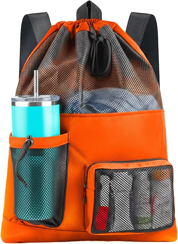 HOHOM Swim Mesh Beach Bag, Waterproof Gym Bags for Women and Men, Large Pool Bag Swimming Gear Drawstring Backpack