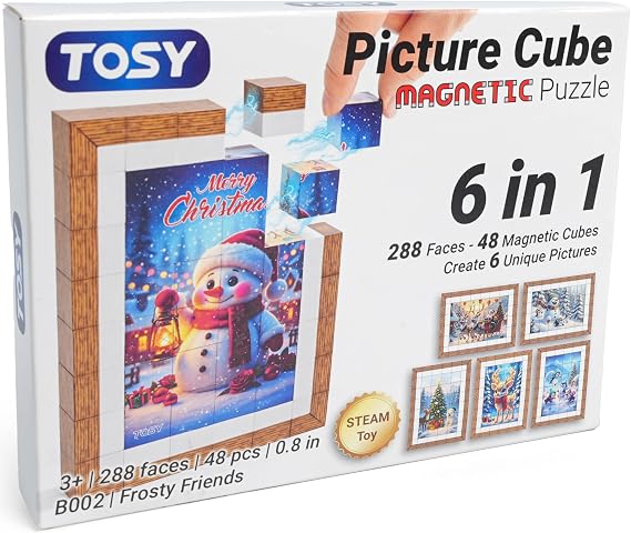 TOSY Picture Cube Frosty Friends: 6-in-1 Magnetic Picture Puzzle, 48 Blocks, 288 Faces/Magnets, 0.8 in, B002, Seamless UV Art, Display-Ready Frame, Collectible, STEM/STEAM Gift for Kids & Adults