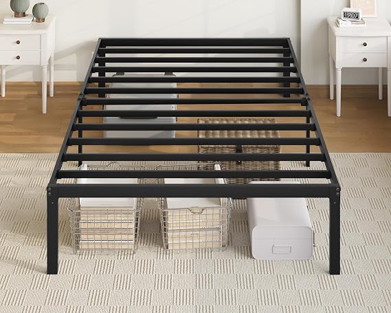 Allewie Twin XL Bed Frame, 14 inch Metal Beds with Storage Space, Black