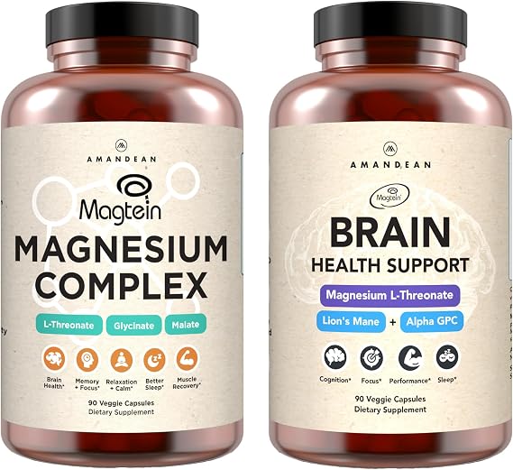 AMANDEAN Premium Brain & Magnesium Bundle: High-Absorption Magnesium L-Threonate, Glycinate & Malate, USA-Grown Organic Lions Mane 6:1 Extract, and Alpha-GPC. Supports cognitive health, focus & sleep