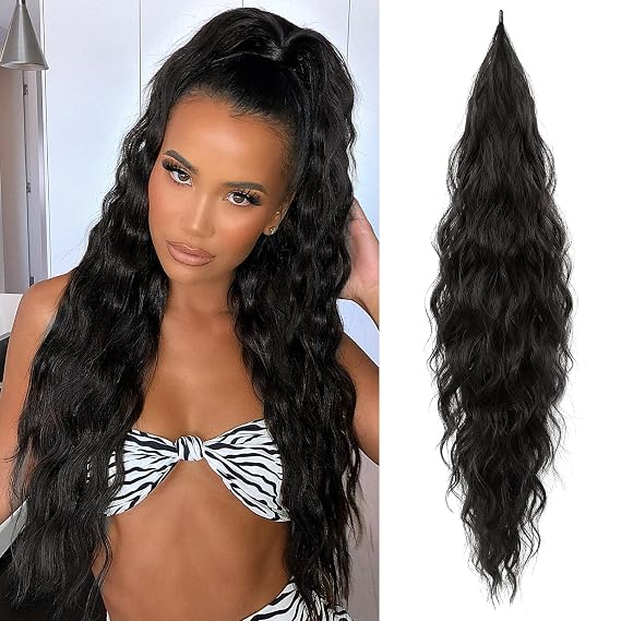 Ponytail Extension, Flexible Wrap Around Ponytail Extension Long Wavy Curly Ponytail Hair Extensions Natural pony tail Synthetic Hairpiece for Women 26 Inch (Black Brown)