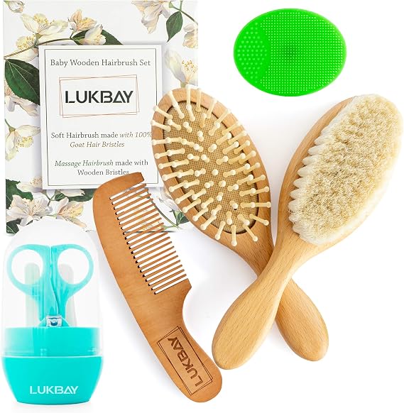 Toddler Hair Brush Comb Set-Complete Kit Baby Products Wooden Soft Bristle Brush Wooden Comb Baby Cradle Cap Silicone Brush Bath Boy Girl Grooming Kit Ideal for Newborn Babies Infant Baby Shower Kids